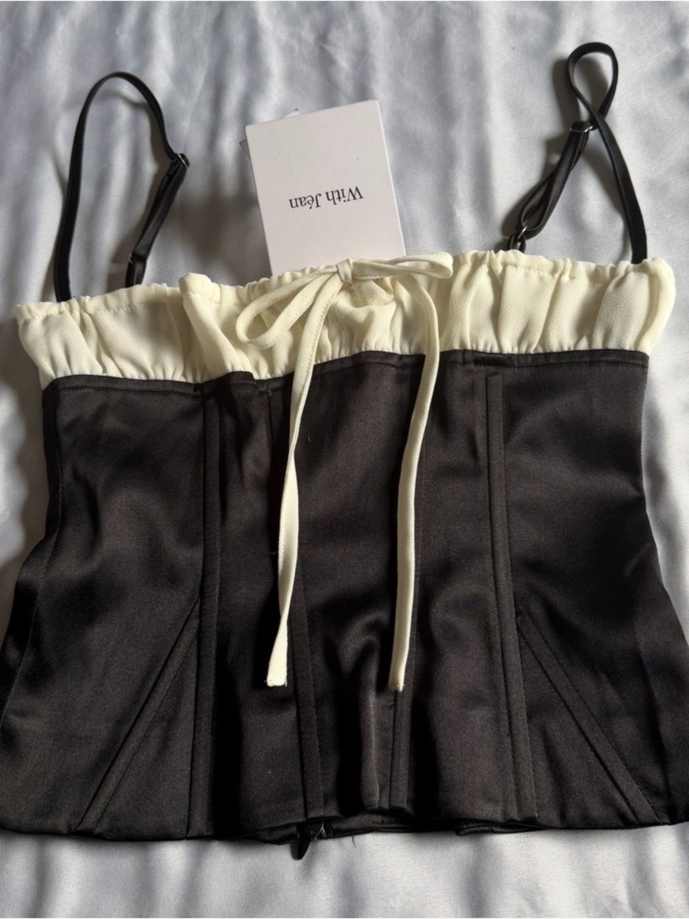With Jean Black Sylvie Satin Corset Tank with Cream Ruffle